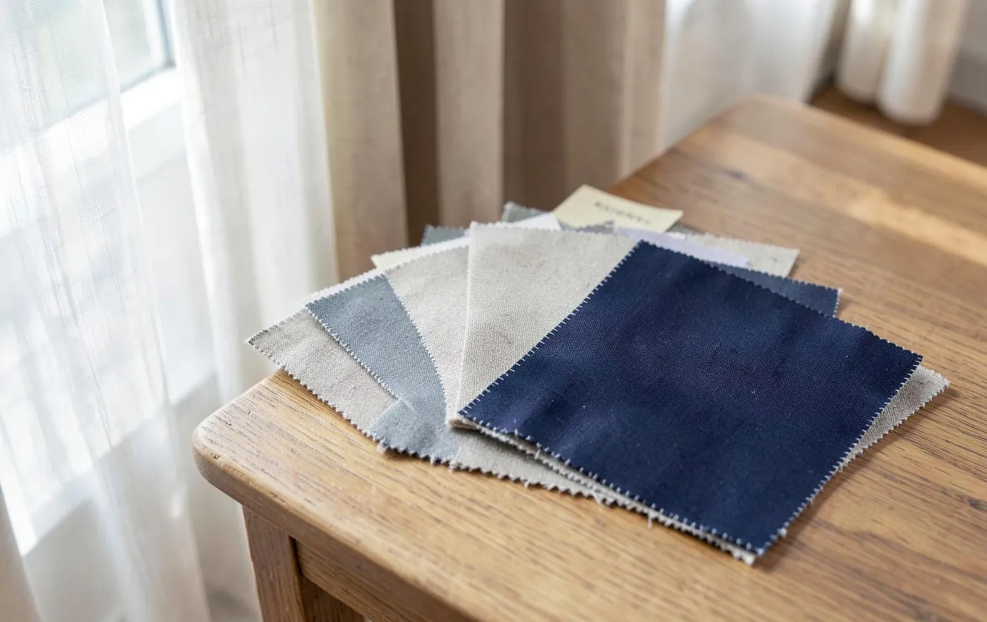 Curtain and blind fabric swatches in neutral and navy tones on a timber table - Whitehouse Furnishers, Katherine